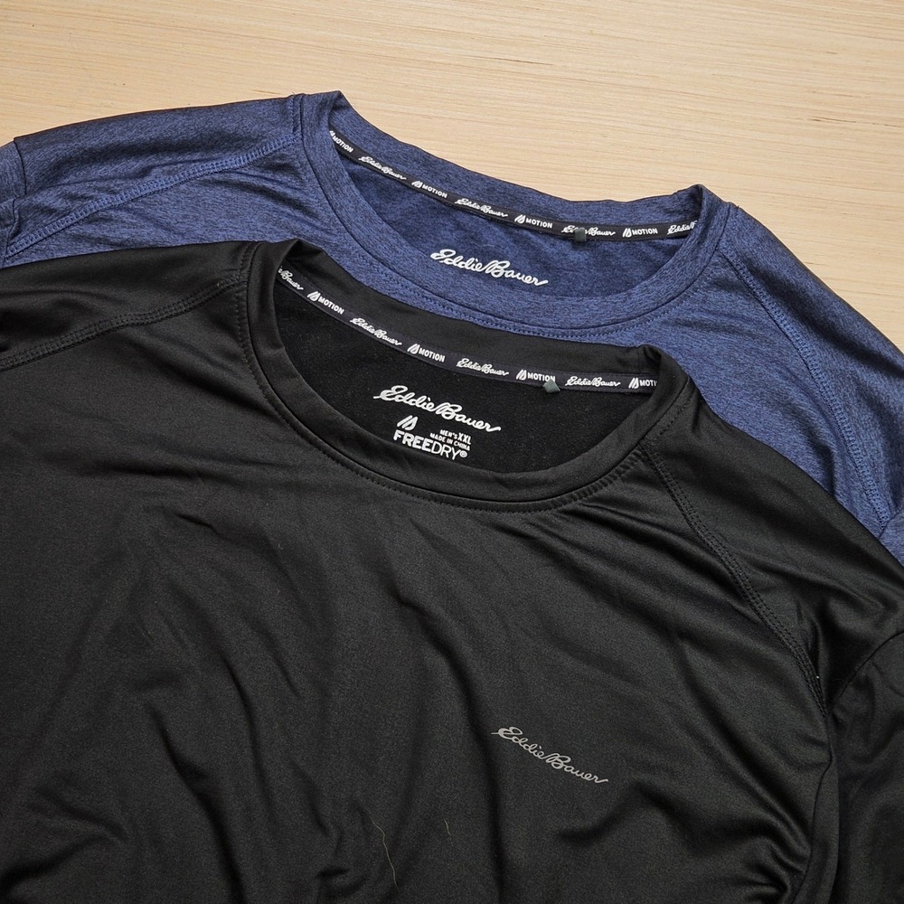 Lot 2 Eddie Bauer Motion FreeDry Shirt Men XXL Blue Black Long Sleeve Active
